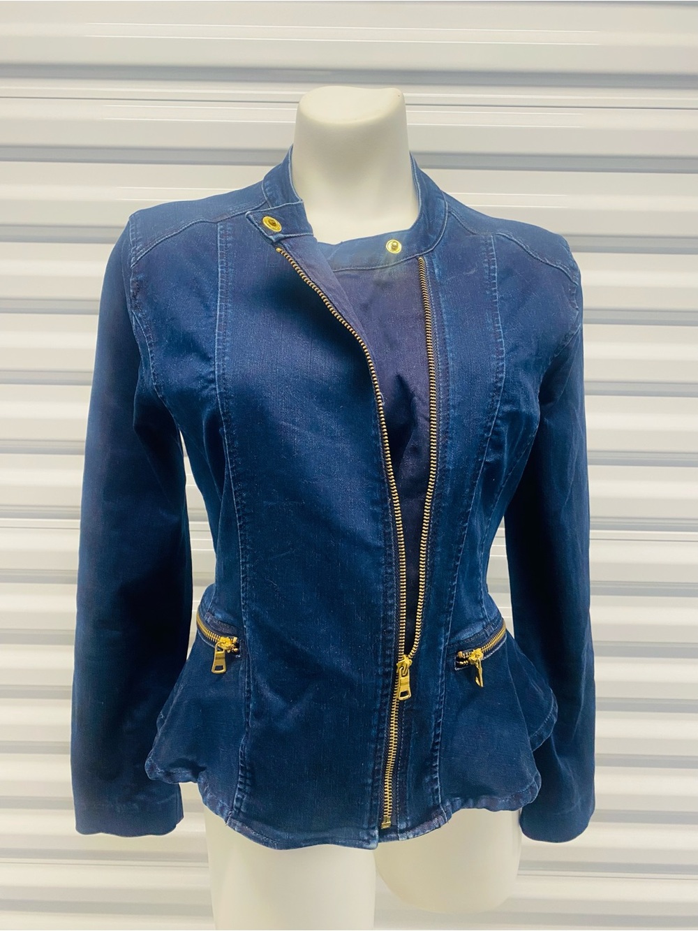 Soho Navy Blue Zip-Front Peplum Jean Jacket with Gold Hardware